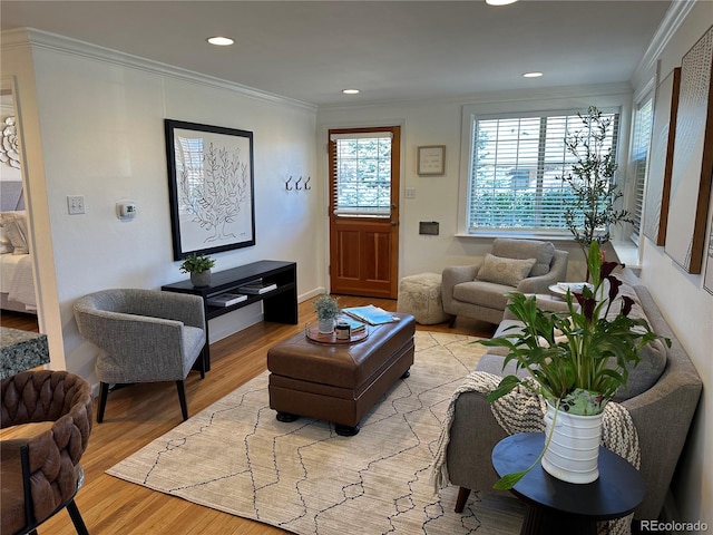 751 Eudora St, Denver, CO 80220 - living room with ornamental molding, light wood finished floors, and recessed lighting