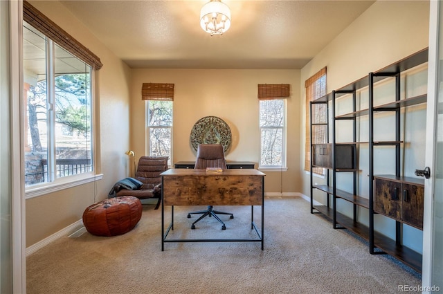 office space featuring plenty of natural light and light carpet