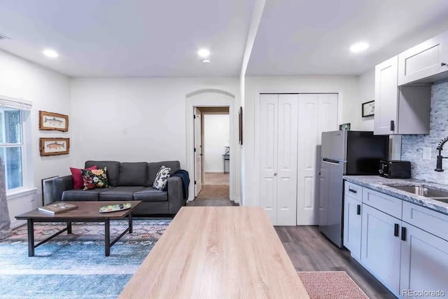 living room with sink and dark hardwood / wood-style floors