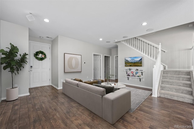 living area with recessed lighting, wood-type flooring, stairway, and baseboards