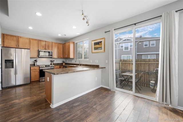 kitchen with dark countertops, dark wood-style flooring, a peninsula, stainless steel appliances, and a sink