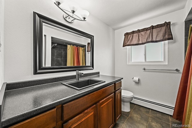 2704 S Ames Way, Denver, CO 80227 - full bath featuring baseboard heating, toilet, vanity, tile patterned flooring, and a shower with shower curtain