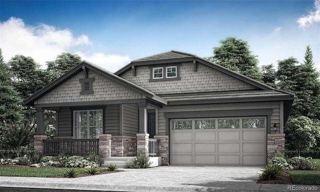 craftsman-style house with driveway, stone siding, and a garage