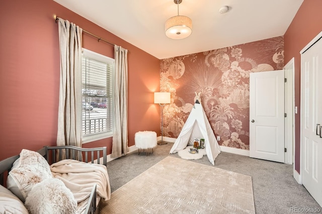 5101 Meade St, Denver, CO 80221 - bedroom with an accent wall, carpet floors, and wallpapered walls