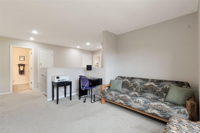 living room with recessed lighting, carpet flooring, and baseboards