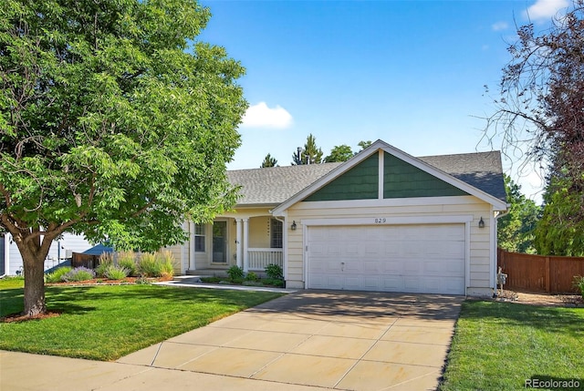 829 Sanctuary Cir, Longmont, CO 80504 - single story home with driveway, an attached garage, roof with shingles, and covered porch