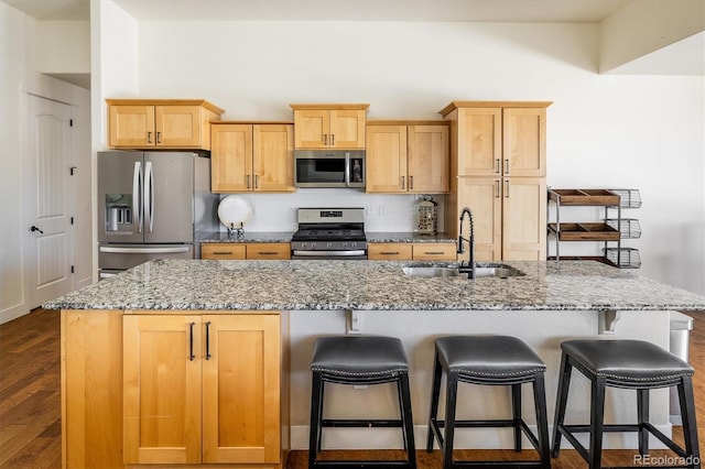 kitchen with appliances with stainless steel finishes, tasteful backsplash, an island with sink, sink, and light stone countertops