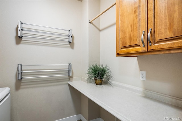 clothes washing area with cabinets