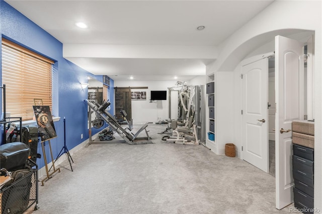1510 S De Gaulle Cir, Aurora, CO 80018 - exercise area featuring a barn door, carpet floors, recessed lighting, and baseboards