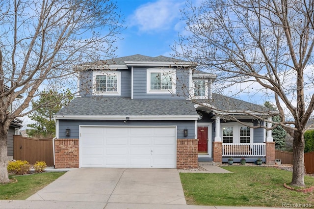 view of front facade with brick siding, an attached garage, fence, and driveway