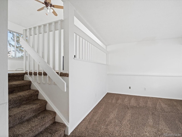 stairs with ceiling fan and carpet floors