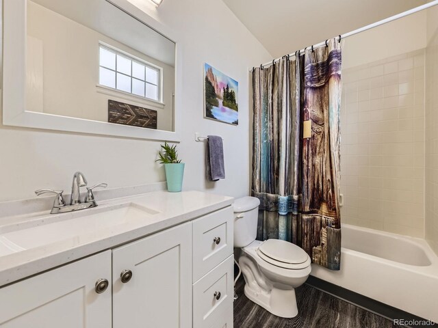 4904 E 125th Ave, Thornton, CO 80241 - full bathroom featuring vanity, wood finished floors, and shower / bath combination with curtain