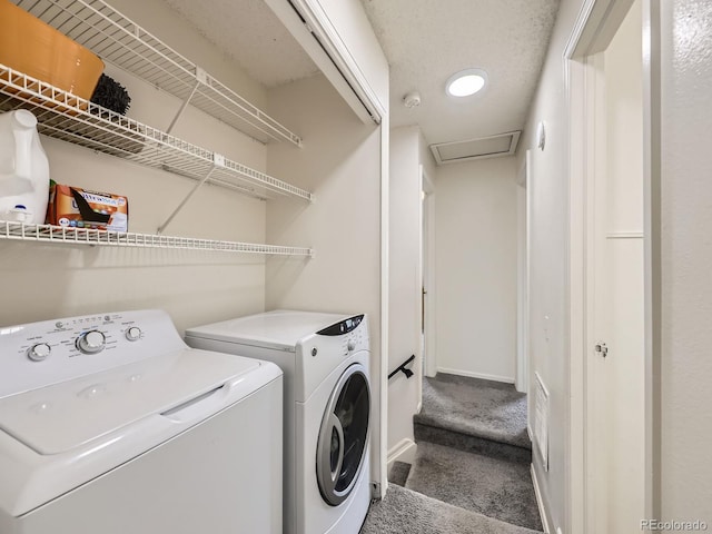 4904 E 125th Ave, Thornton, CO 80241 - washroom featuring carpet flooring, separate washer and dryer, and attic access