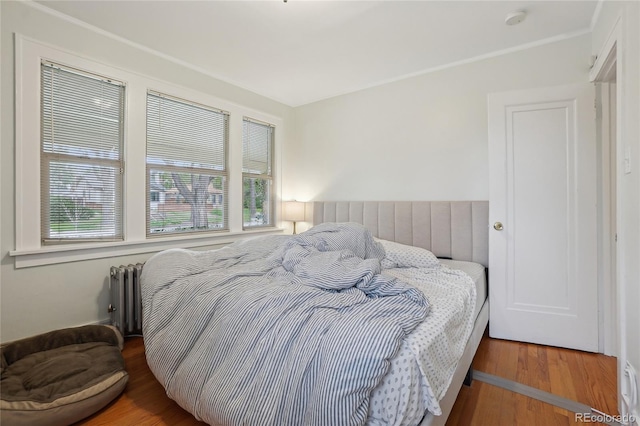 bedroom with radiator and wood finished floors