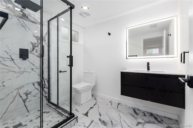 full bathroom with visible vents, baseboards, toilet, marble finish floor, and vanity