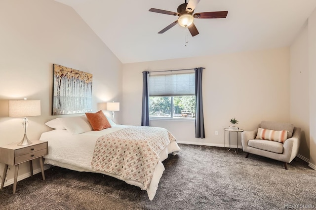 carpeted bedroom featuring lofted ceiling and ceiling fan