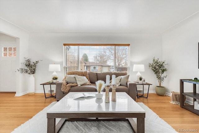 living room with baseboards and light wood-style flooring