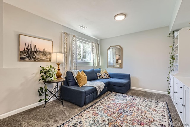 living area with carpet, visible vents, and baseboards