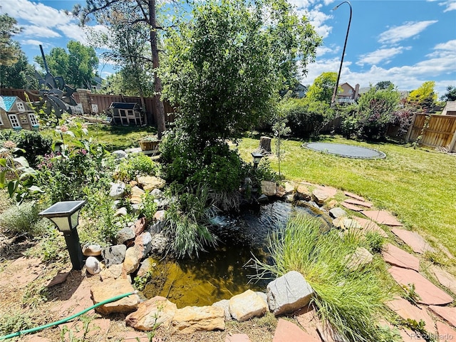 1744 Brookside Dr, Highlands Ranch, CO 80126 - fenced backyard with a garden pond