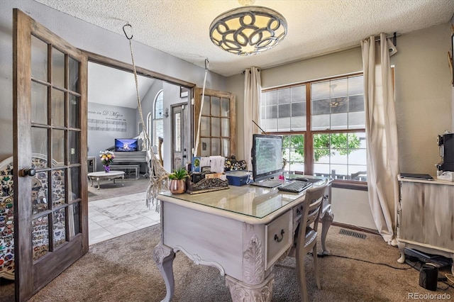 1744 Brookside Dr, Highlands Ranch, CO 80126 - carpeted office space with plenty of natural light, a textured ceiling, and french doors