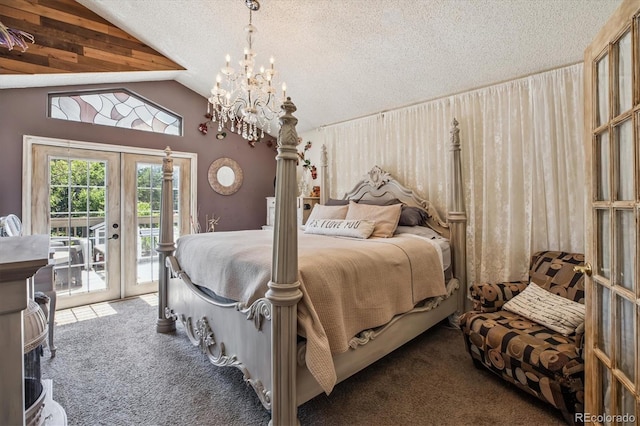 1744 Brookside Dr, Highlands Ranch, CO 80126 - bedroom with french doors, carpet, access to outside, lofted ceiling, and a textured ceiling