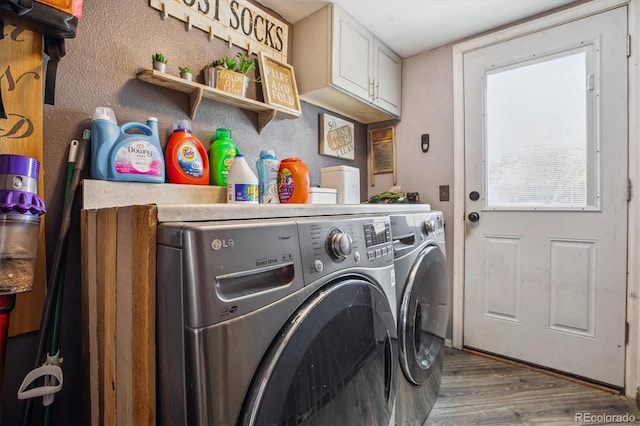 1744 Brookside Dr, Highlands Ranch, CO 80126 - laundry room featuring wood finished floors, independent washer and dryer, and cabinet space