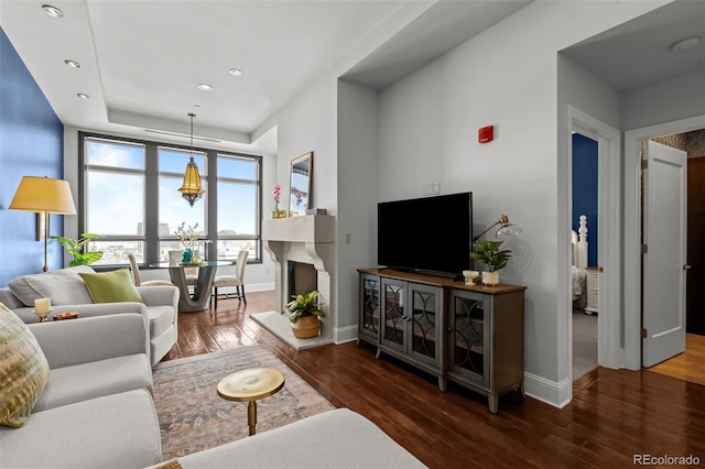 living room with a premium fireplace and dark wood-type flooring