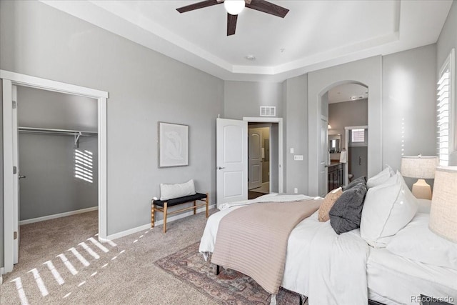 bedroom with a walk in closet, carpet flooring, ceiling fan, a raised ceiling, and a closet