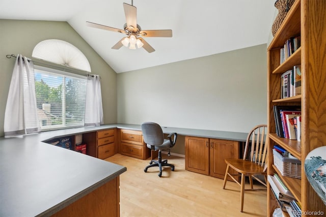 2164 S Troy Way, Aurora, CO 80014 - office area featuring a ceiling fan, light wood-type flooring, and high vaulted ceiling