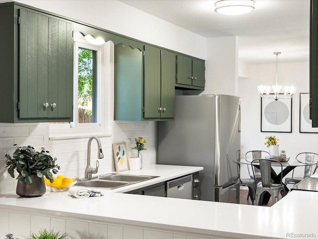 1067 E 15th Ave, Broomfield, CO 80020 - kitchen with green cabinetry, stainless steel appliances, light countertops, and tasteful backsplash