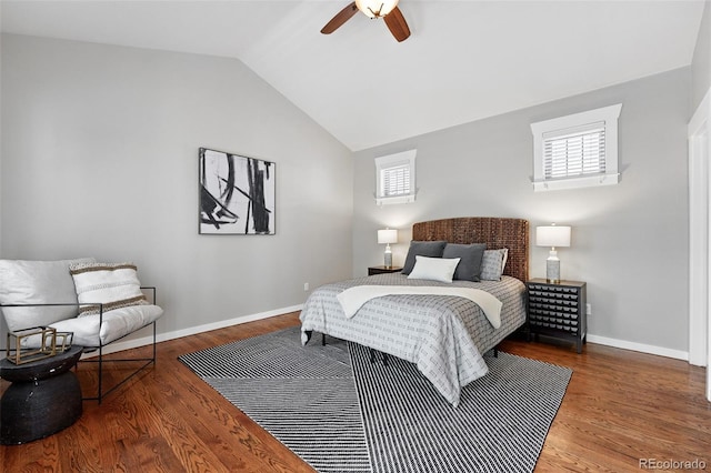 9134 E 29th Pl, Denver, CO 80238 - bedroom with wood finished floors, vaulted ceiling, baseboards, and a ceiling fan