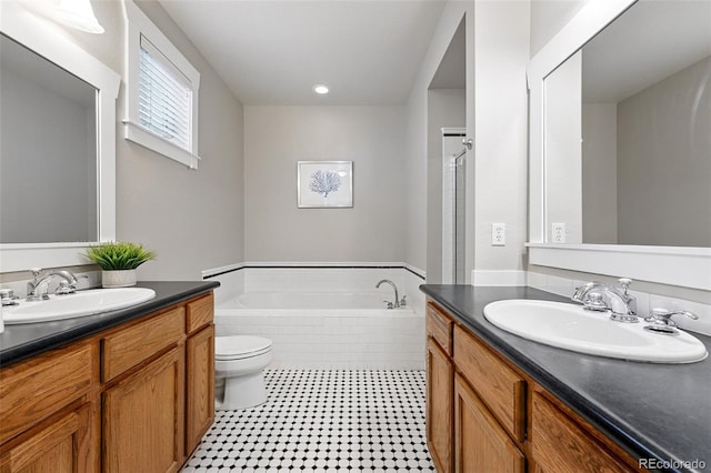 9134 E 29th Pl, Denver, CO 80238 - full bath with vanity, a bath, toilet, a shower, and tile patterned flooring