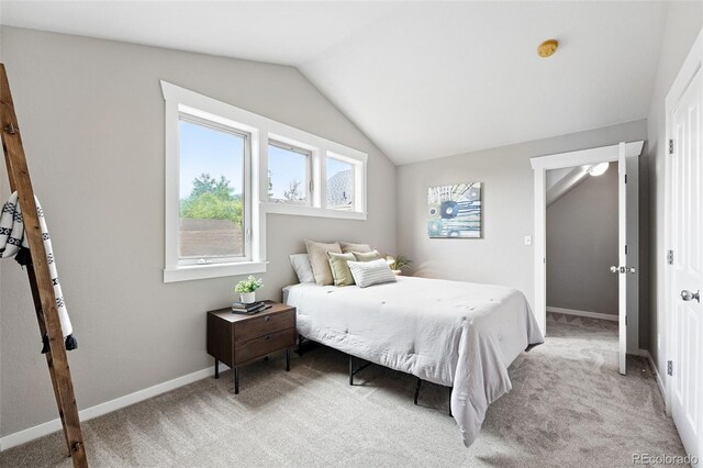 9134 E 29th Pl, Denver, CO 80238 - bedroom featuring vaulted ceiling, light colored carpet, and baseboards