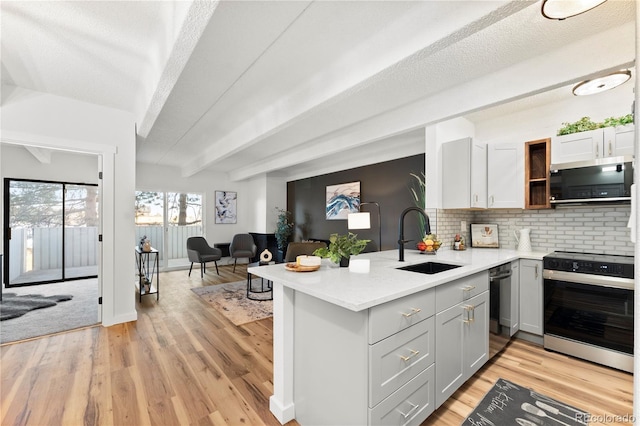 kitchen featuring sink, light hardwood / wood-style flooring, stainless steel range with electric stovetop, gray cabinetry, and kitchen peninsula