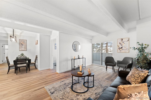 living room with beam ceiling, hardwood / wood-style floors, and a textured ceiling