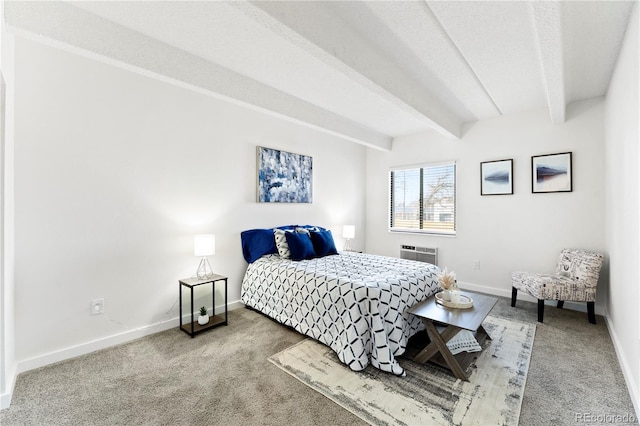 carpeted bedroom featuring a textured ceiling and beamed ceiling