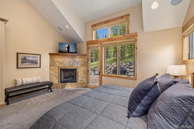 2655 Hunters Knob Rd, Silverthorne, CO 80498 - carpeted bedroom with a fireplace, access to outside, lofted ceiling, and recessed lighting