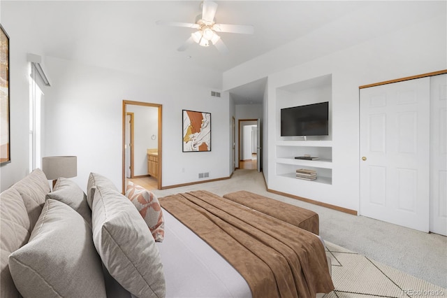 34771 E 153rd Ct, Hudson, CO 80642 - bedroom featuring light colored carpet, ceiling fan, and ensuite bath