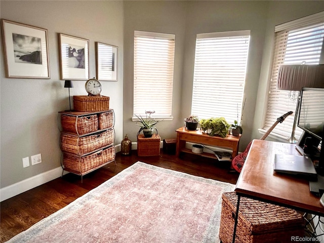 home office with dark hardwood / wood-style floors