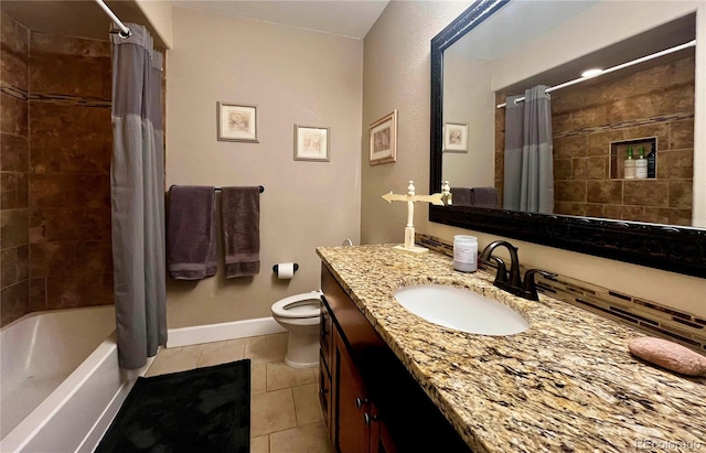 full bathroom featuring shower / bathtub combination with curtain, tile patterned floors, toilet, and vanity