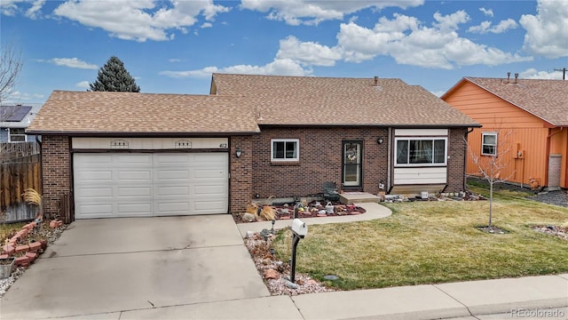 view of front of property with brick siding, a garage, driveway, and a shingled roof