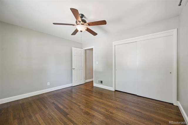4560 S Fox St, Englewood, CO 80110 - unfurnished bedroom featuring dark wood-style floors, a closet, and ceiling fan