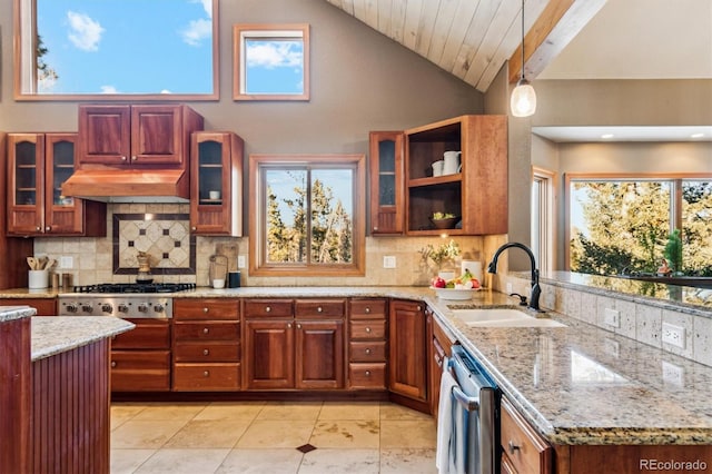 kitchen featuring appliances with stainless steel finishes, sink, backsplash, hanging light fixtures, and light stone counters