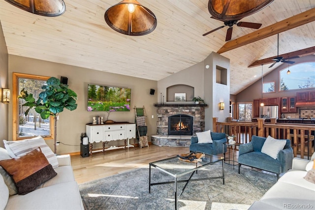 living room with high vaulted ceiling, a fireplace, beamed ceiling, wood ceiling, and light hardwood / wood-style flooring