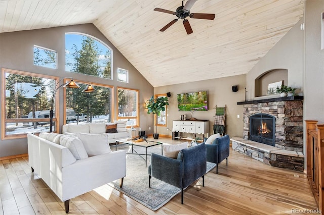 living room featuring a stone fireplace, high vaulted ceiling, wooden ceiling, ceiling fan, and light hardwood / wood-style floors