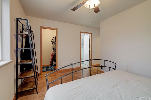 bedroom with baseboards, ceiling fan, a spacious closet, light wood-style floors, and a closet