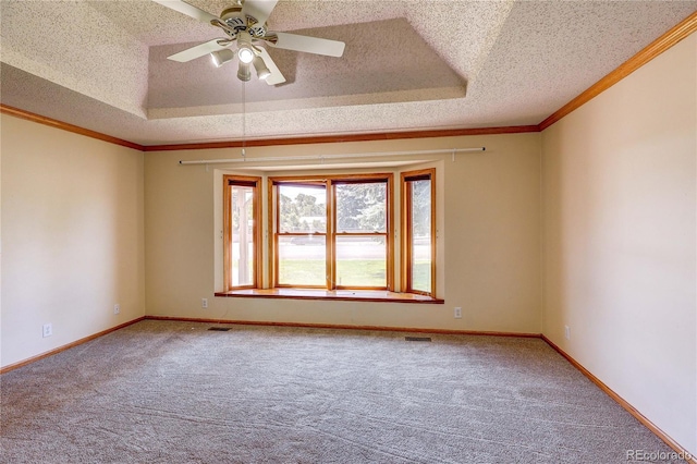 200 E 6th St, Flagler, CO 80815 - spare room featuring a textured ceiling, carpet floors, a tray ceiling, ceiling fan, and ornamental molding