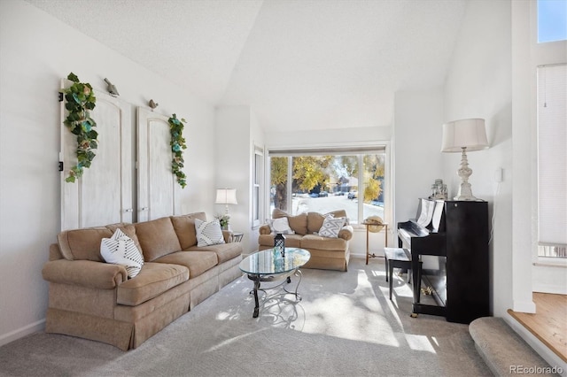 carpeted living room with a textured ceiling, high vaulted ceiling, and a wealth of natural light