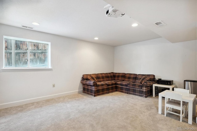 living room featuring light carpet