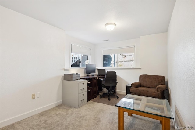 home office with light colored carpet